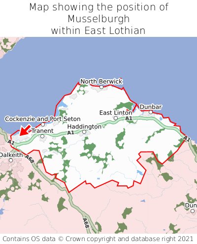Map showing location of Musselburgh within East Lothian