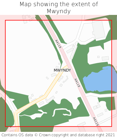 Map showing extent of Mwyndy as bounding box