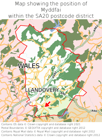 Map showing location of Myddfai within SA20