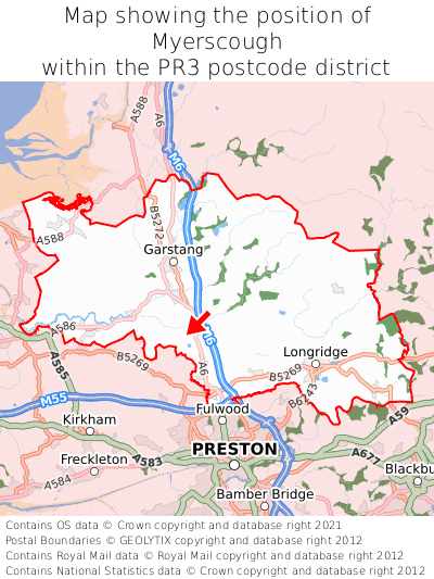 Map showing location of Myerscough within PR3