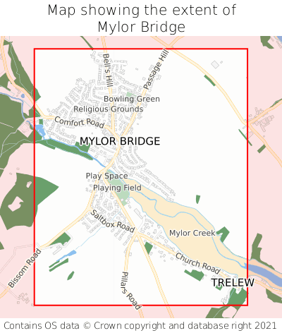 Map showing extent of Mylor Bridge as bounding box
