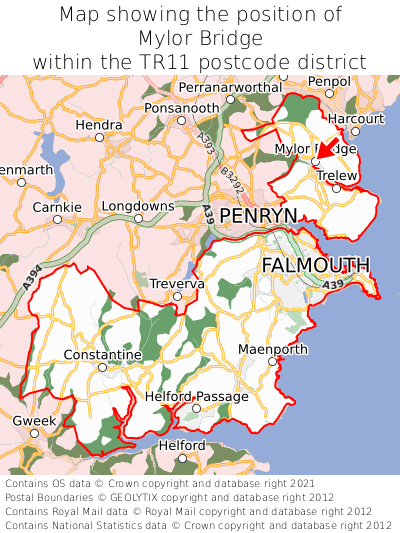 Map showing location of Mylor Bridge within TR11