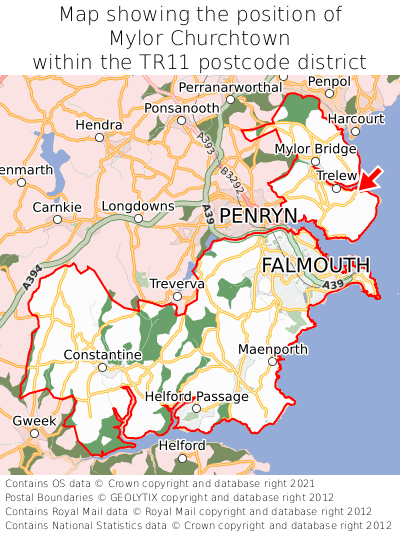 Map showing location of Mylor Churchtown within TR11