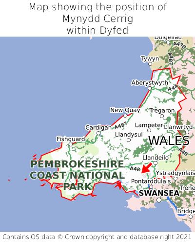 Map showing location of Mynydd Cerrig within Dyfed
