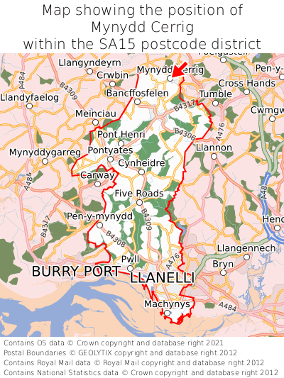 Map showing location of Mynydd Cerrig within SA15