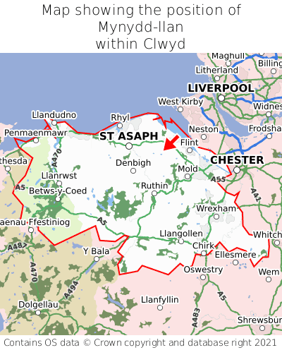 Map showing location of Mynydd-llan within Clwyd