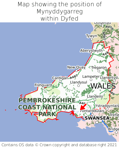 Map showing location of Mynyddygarreg within Dyfed