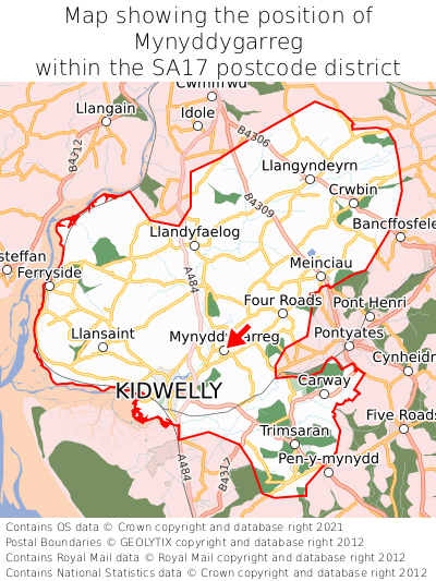 Map showing location of Mynyddygarreg within SA17