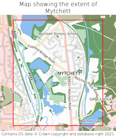 Map showing extent of Mytchett as bounding box