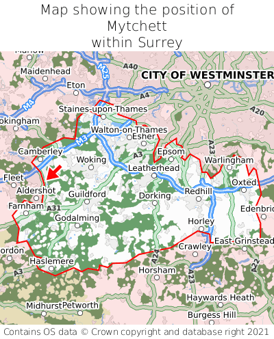 Map showing location of Mytchett within Surrey