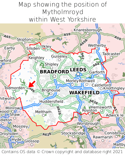 Map showing location of Mytholmroyd within West Yorkshire