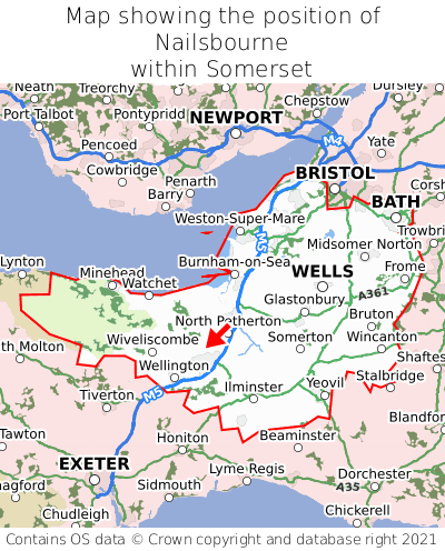 Map showing location of Nailsbourne within Somerset