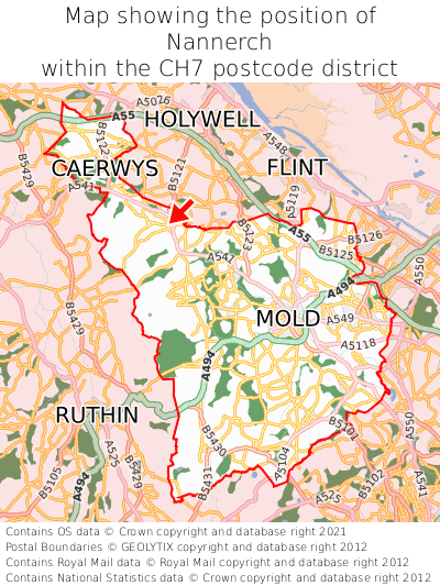 Map showing location of Nannerch within CH7