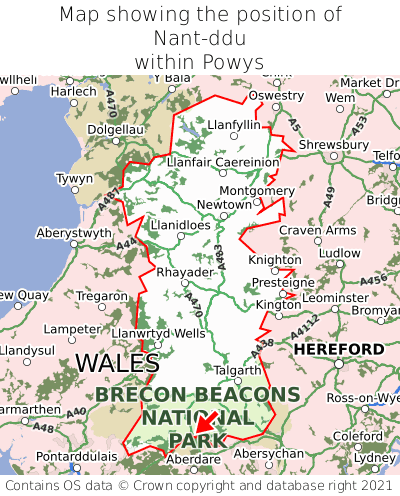 Map showing location of Nant-ddu within Powys