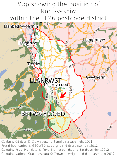 Map showing location of Nant-y-Rhiw within LL26