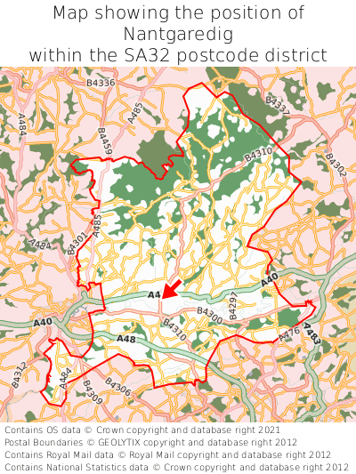 Map showing location of Nantgaredig within SA32