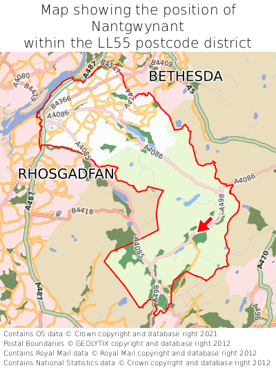 Map showing location of Nantgwynant within LL55