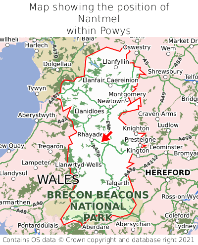 Map showing location of Nantmel within Powys