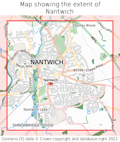 Map showing extent of Nantwich as bounding box