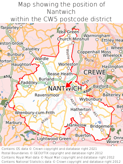 Map showing location of Nantwich within CW5