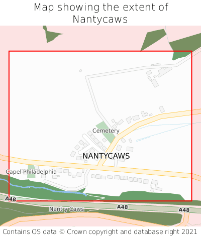 Map showing extent of Nantycaws as bounding box