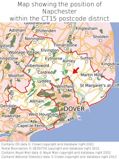 Map showing location of Napchester within CT15