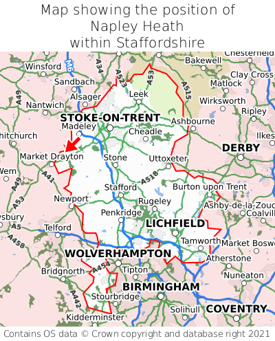 Map showing location of Napley Heath within Staffordshire