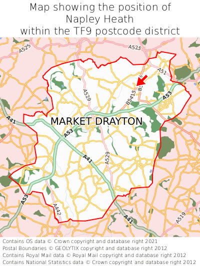 Map showing location of Napley Heath within TF9
