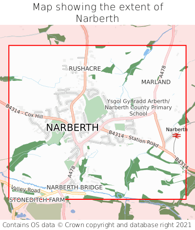Map showing extent of Narberth as bounding box