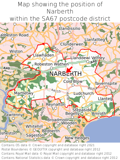 Map showing location of Narberth within SA67