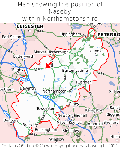 Map showing location of Naseby within Northamptonshire