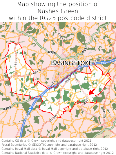 Map showing location of Nashes Green within RG25