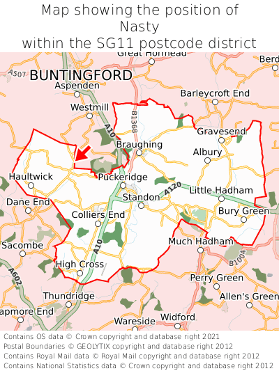 Map showing location of Nasty within SG11