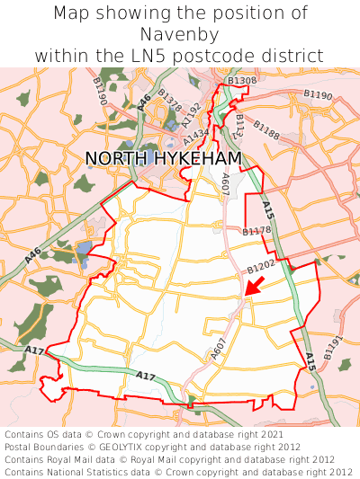 Map showing location of Navenby within LN5