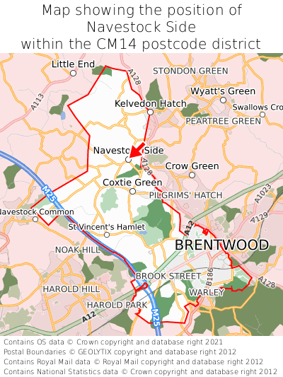 Map showing location of Navestock Side within CM14