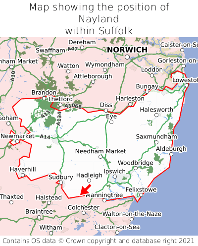 Map showing location of Nayland within Suffolk