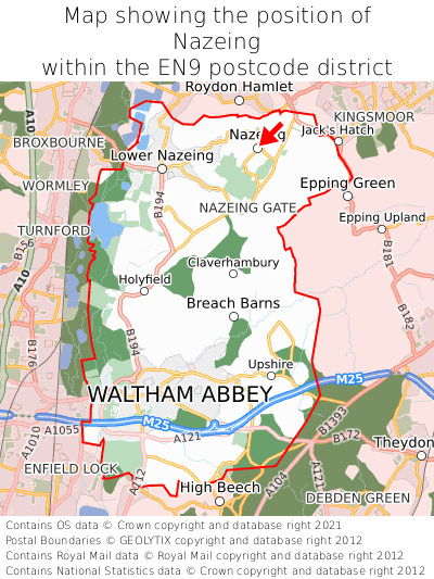Map showing location of Nazeing within EN9