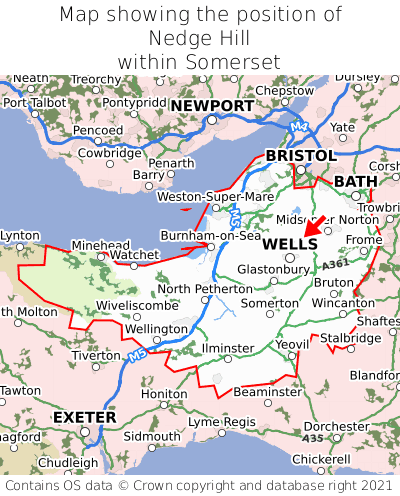 Map showing location of Nedge Hill within Somerset