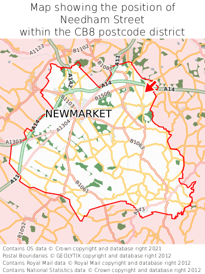 Map showing location of Needham Street within CB8