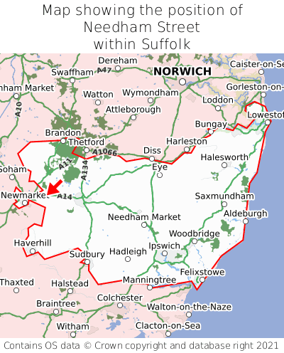 Map showing location of Needham Street within Suffolk