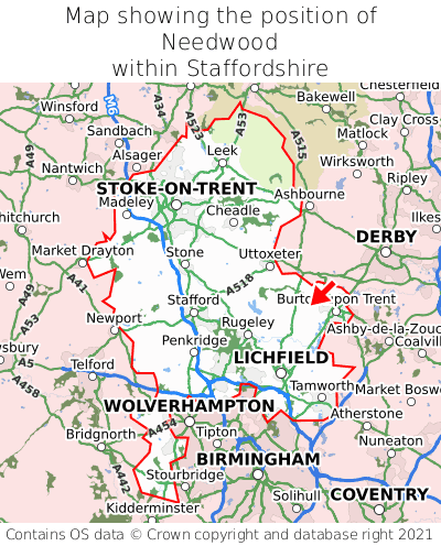 Map showing location of Needwood within Staffordshire