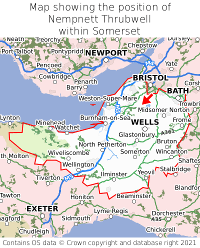Map showing location of Nempnett Thrubwell within Somerset