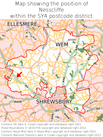 Map showing location of Nesscliffe within SY4
