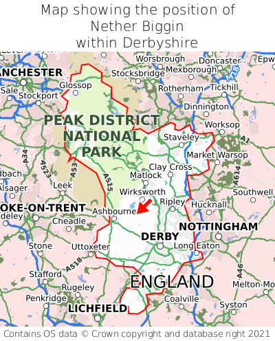 Map showing location of Nether Biggin within Derbyshire