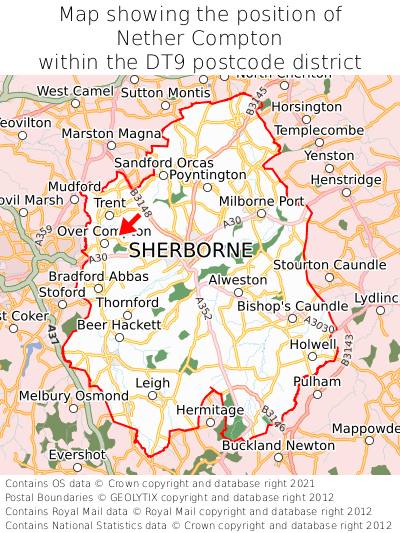 Map showing location of Nether Compton within DT9