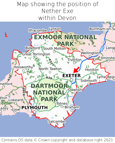 Map showing location of Nether Exe within Devon