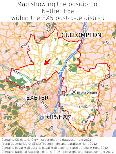 Map showing location of Nether Exe within EX5