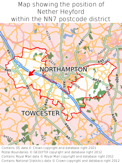 Map showing location of Nether Heyford within NN7