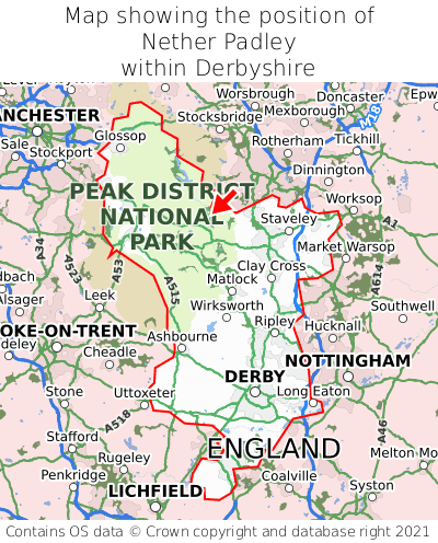 Map showing location of Nether Padley within Derbyshire