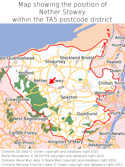 Map showing location of Nether Stowey within TA5